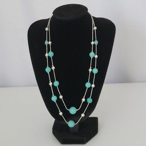 Womens Double Strand 17" Necklace Light Blue Silver Tone Beads Lobster Clasp